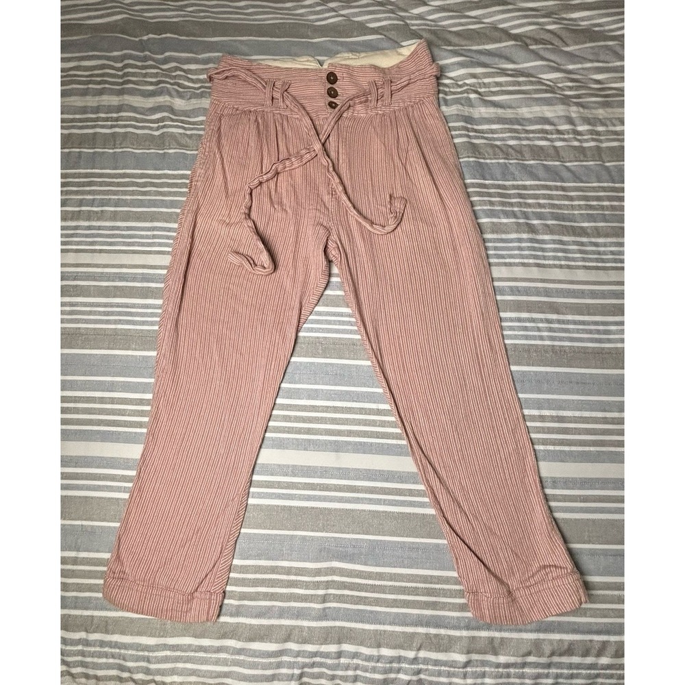 Free People Mauve & White Striped Cropped Tie Waist Trousers Size 6 100% Cotton